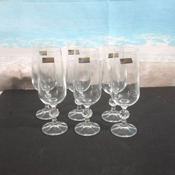 Claudia Fine Lead Crystal Champagne Flutes Set of 6 Bohemia Czechoslovakia - Picture 1 of 5